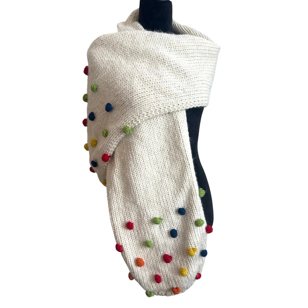 ModCloth Cream with Multicolor Rainbow Pom Pom Scarf
